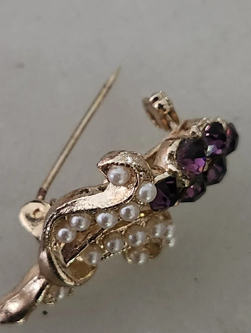 Gold-Tone Faux Seed Pearl & Amethyst Floral Brooch - Vintage